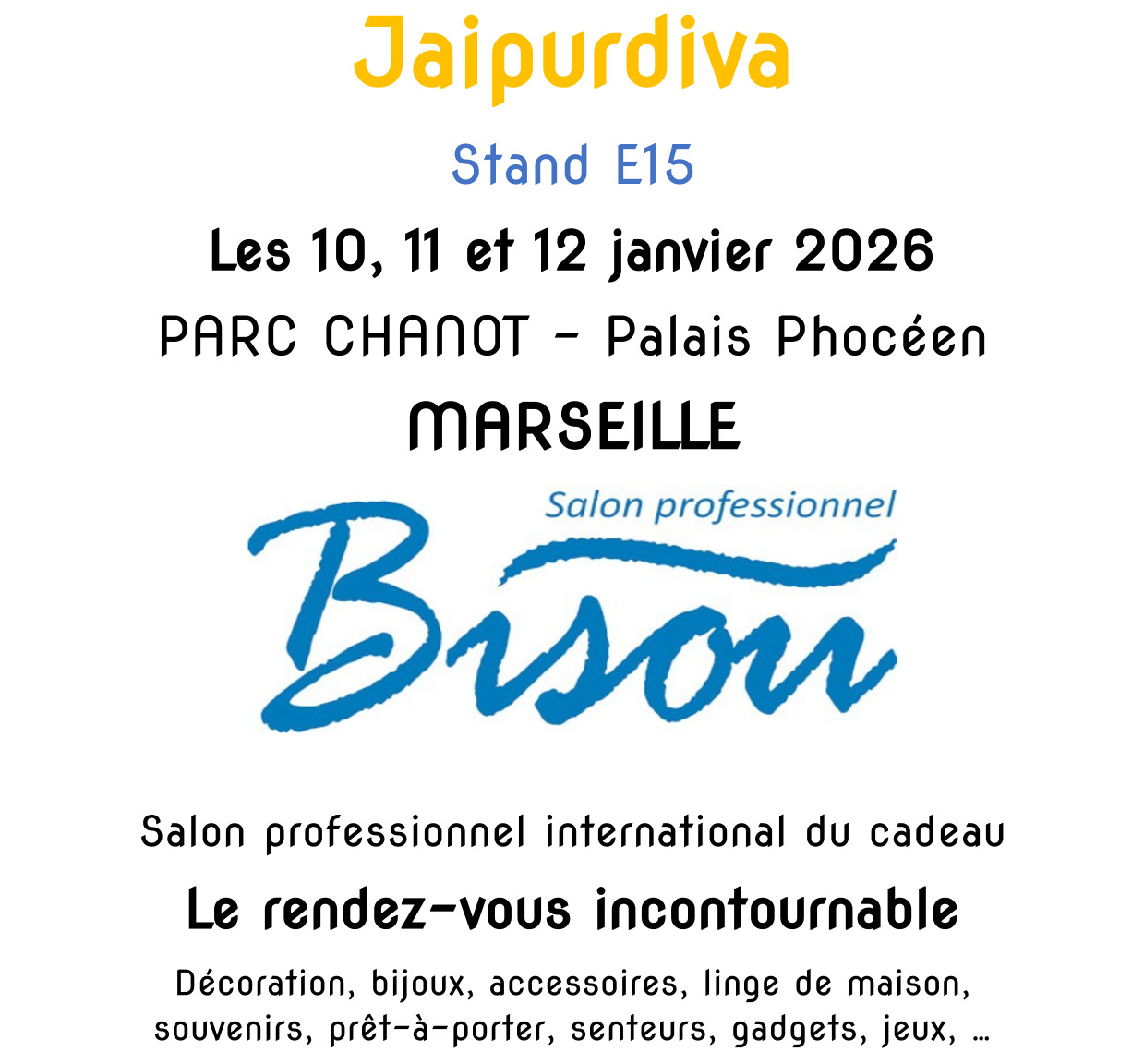 Annonce exposition Jaipurdiva au Salon Bisous à Marseille janvier 2026