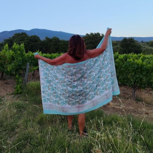 Paréo voile de coton blanc motifs turquoises