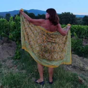Paréo en voile de coton, imprimé jaune et vert